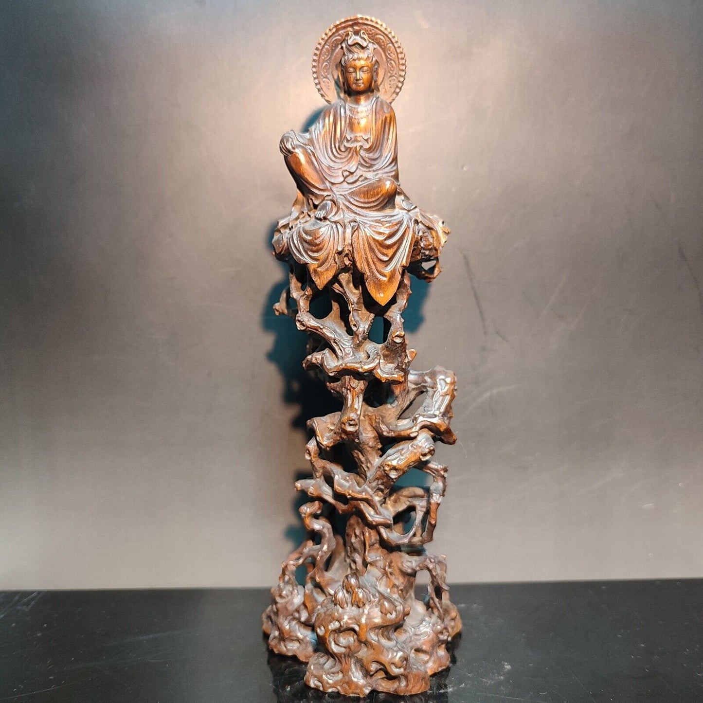 8" Vintage Wooden Ornaments Carved Statue Free Kwan Yin Bodhisattva Wood Figure
