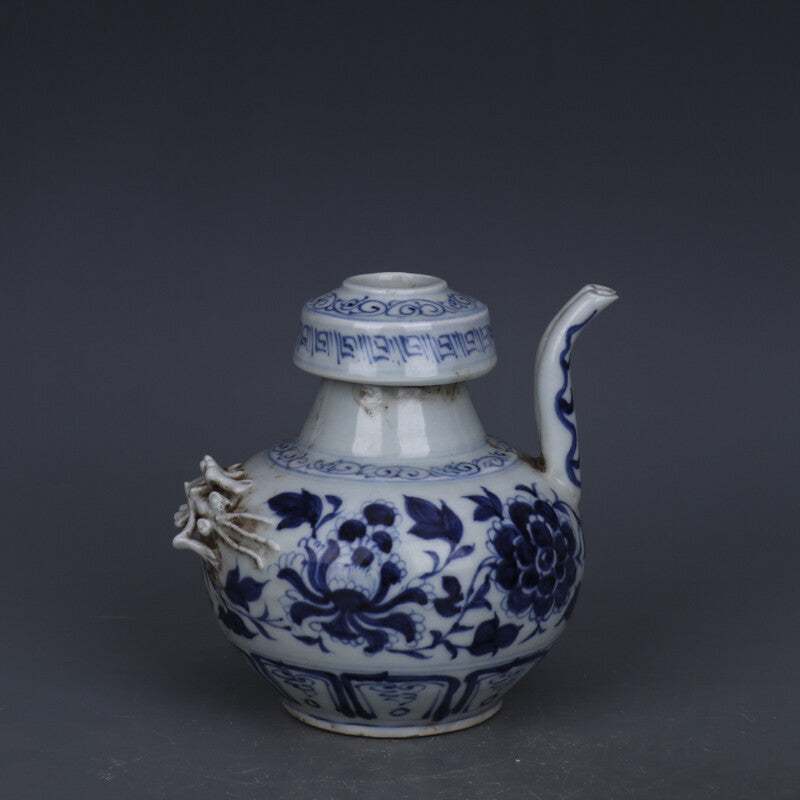 7.1" Chinese Yuan Blue-and-white Porcelain Peony Flower Two Mouth Teapot