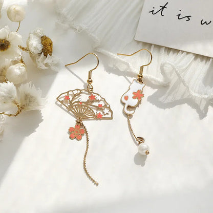 Chinese Style Folding Fan Carp Lotus Asymmetrical Long Tassel Dangle Earrings