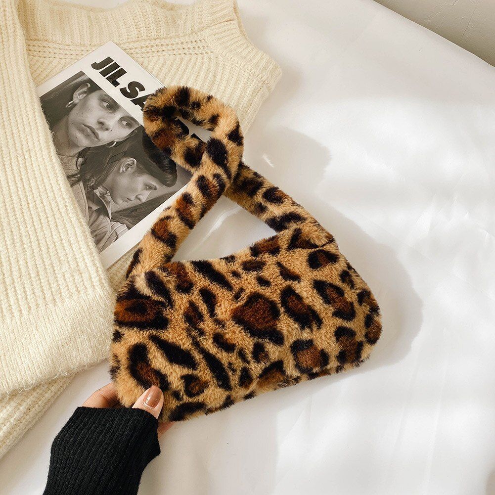 Bag Plush Animal Print Shopper Purse Handbag Shoulder Underarm Bag 250*140*30mm