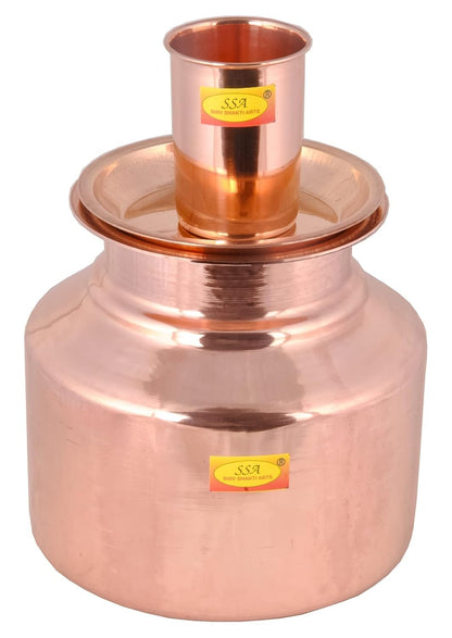 Pure Copper Water Pot Pitchers Matka Container With Lid and Glass 5.5 Litre