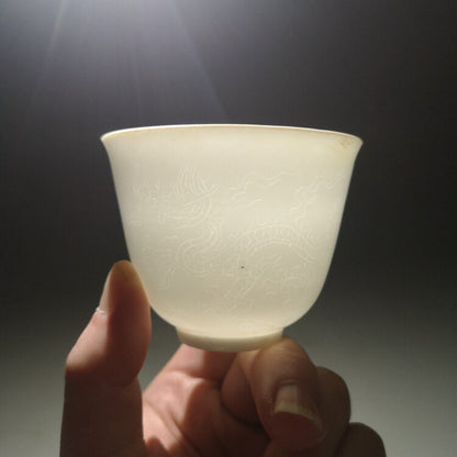 2.5" Good China Jingdezhen Sweet White Carve Porcelain Two Dragon Ultrathin Cups