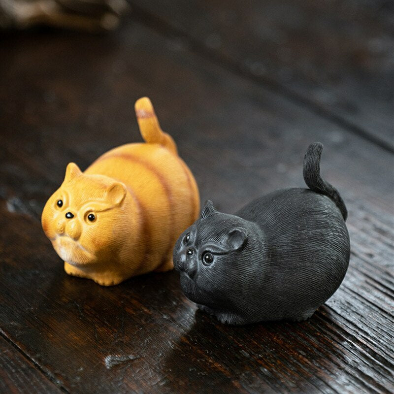 Chinese Sculpture Purple Clay Tea Pet Small Cat Statue Handmade Tea Set Decor