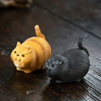 Chinese Sculpture Purple Clay Tea Pet Small Cat Statue Handmade Tea Set Decor