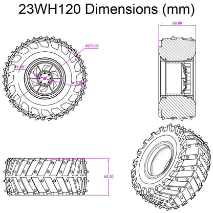 4 Pack Dagu 120mm Spiked Rubber Wheels for RC / Robotics, 60mm Width, 4mm Axle