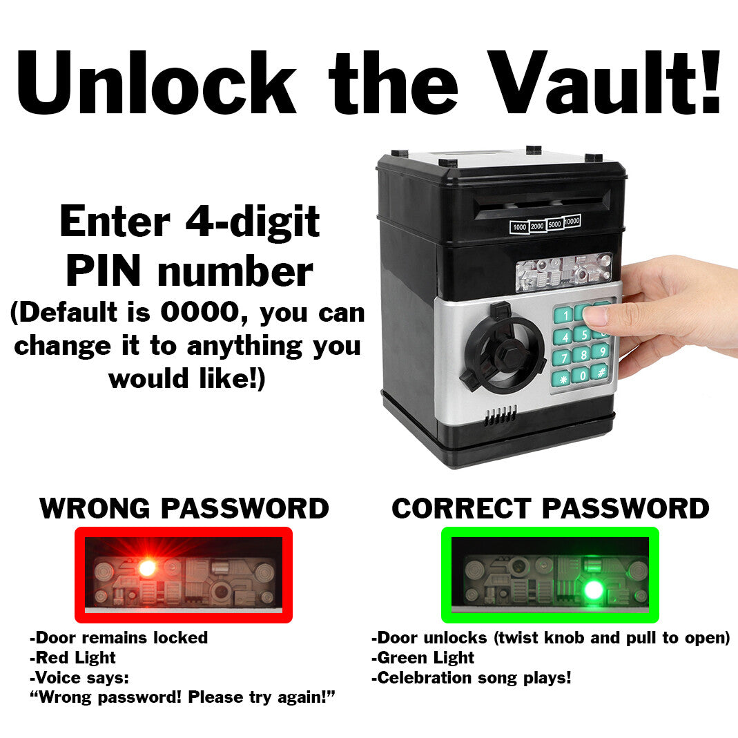 Cash Vault for Kids - Password Protect Your Bills and Coins - Musical Bank Safe