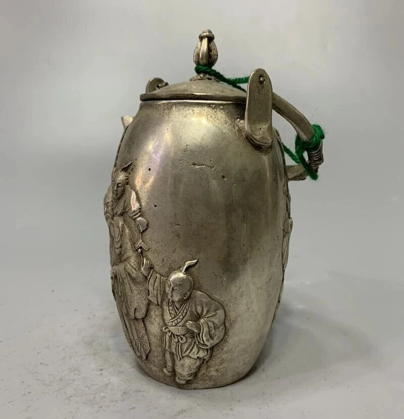 China White Copper Archaize Longevity Buddha Teapot Crafts Statue