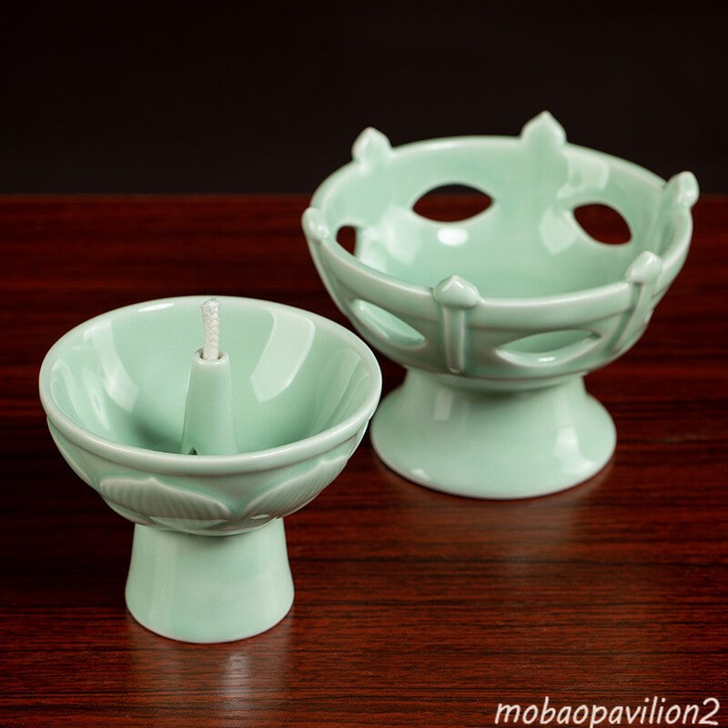 Buddhist Celadon Oil Lamp Candlestick for Buddhist Butter Lamps Decoration