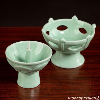 Buddhist Celadon Oil Lamp Candlestick for Buddhist Butter Lamps Decoration