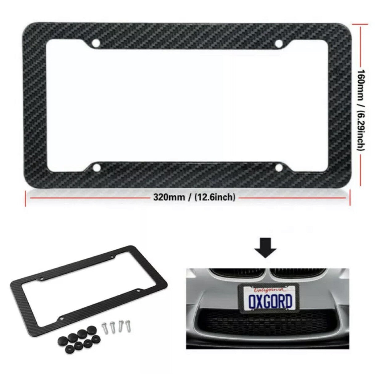 Black Car Carbon Fiber License Plate Frame Cover Front & Rear Universal USA Size