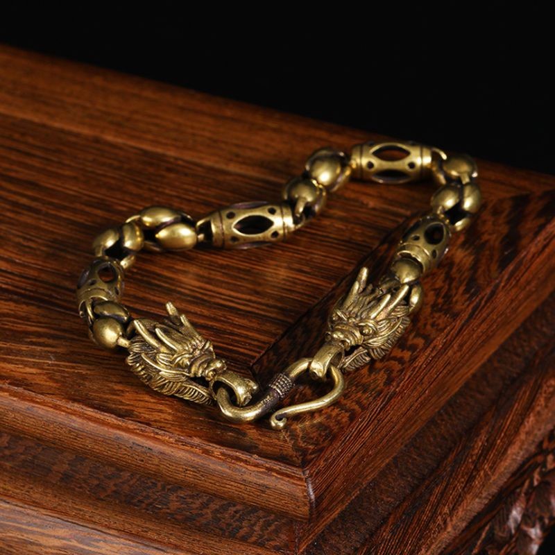Vintage Bronze Dragon Head Bracelet Brass Bone Chain Hip Hop Men's Accessory