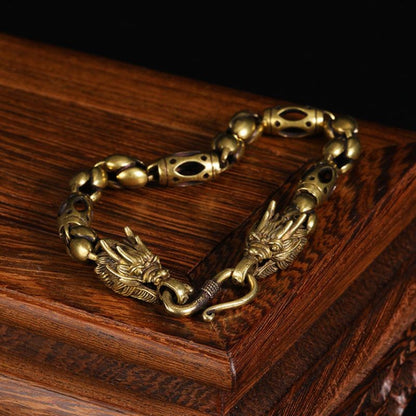 Vintage Bronze Dragon Head Bracelet Brass Bone Chain Hip Hop Men's Accessory