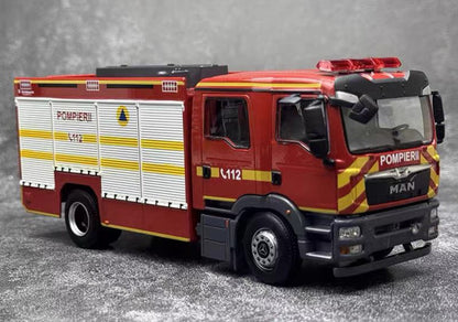 1:43 MAN Suzhou Jieda Recue Fire Engine Truck POMPIERII Vehicles Diecast Model