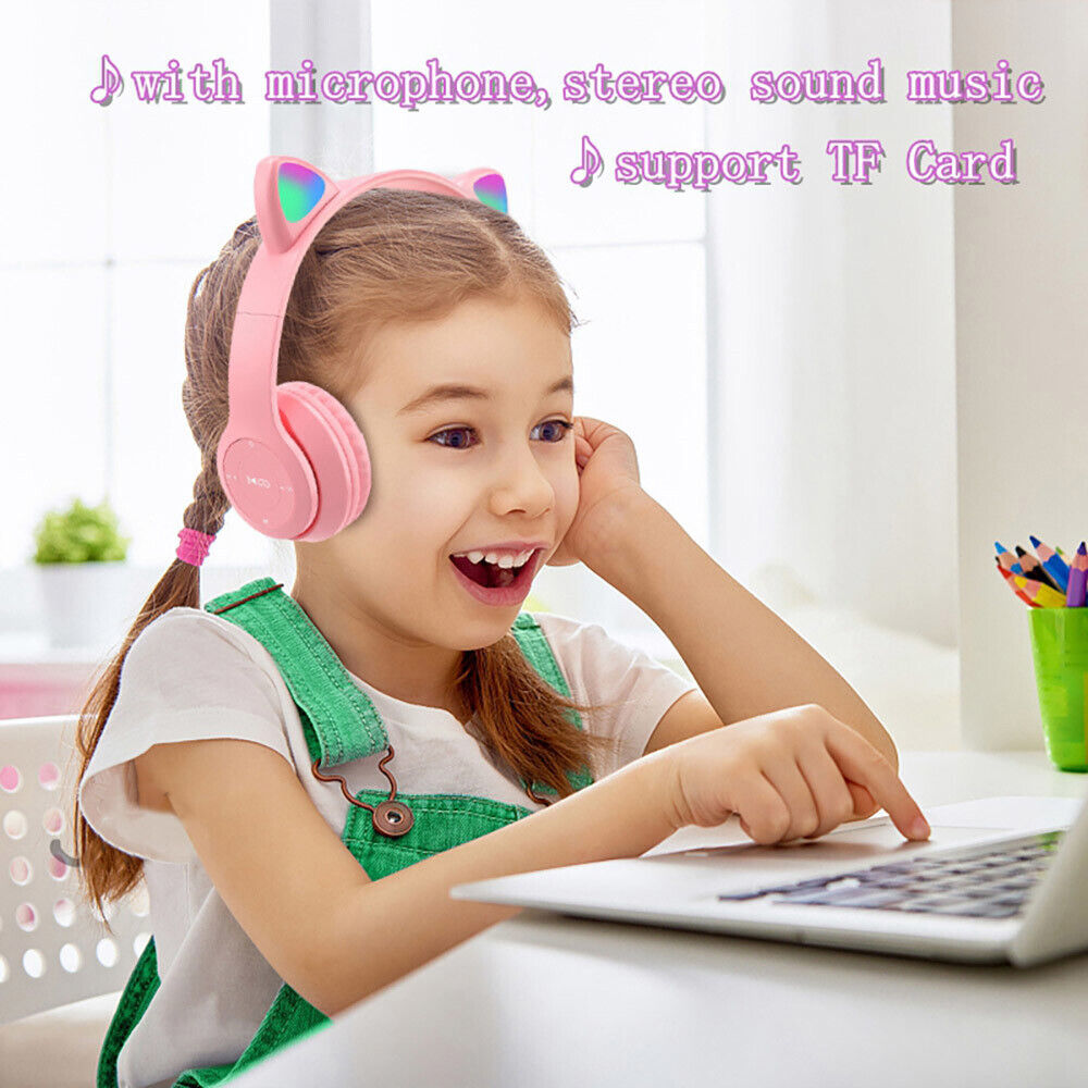 Bluetooth 5.0 Wireless Cat Rabbit Ear Headsets LED Headphones For Kids Girls Boy