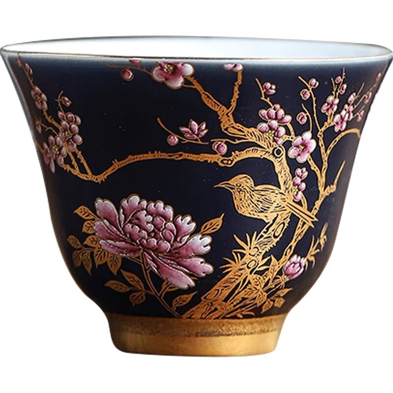 Enamel Pastrol Tea Cup Porcelain Carving Teacup Flower Bird Tea Master Cup