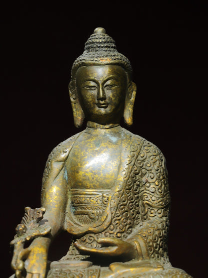 8" Old Antique Tibet Tibetan Buddhism Temple Bronze Gilt Medicine Buddha Statue