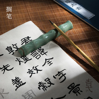 2 Pcs Bamboo Longquan Celadon Ceramics Paperweights Brush Rest Calligraphy Tool