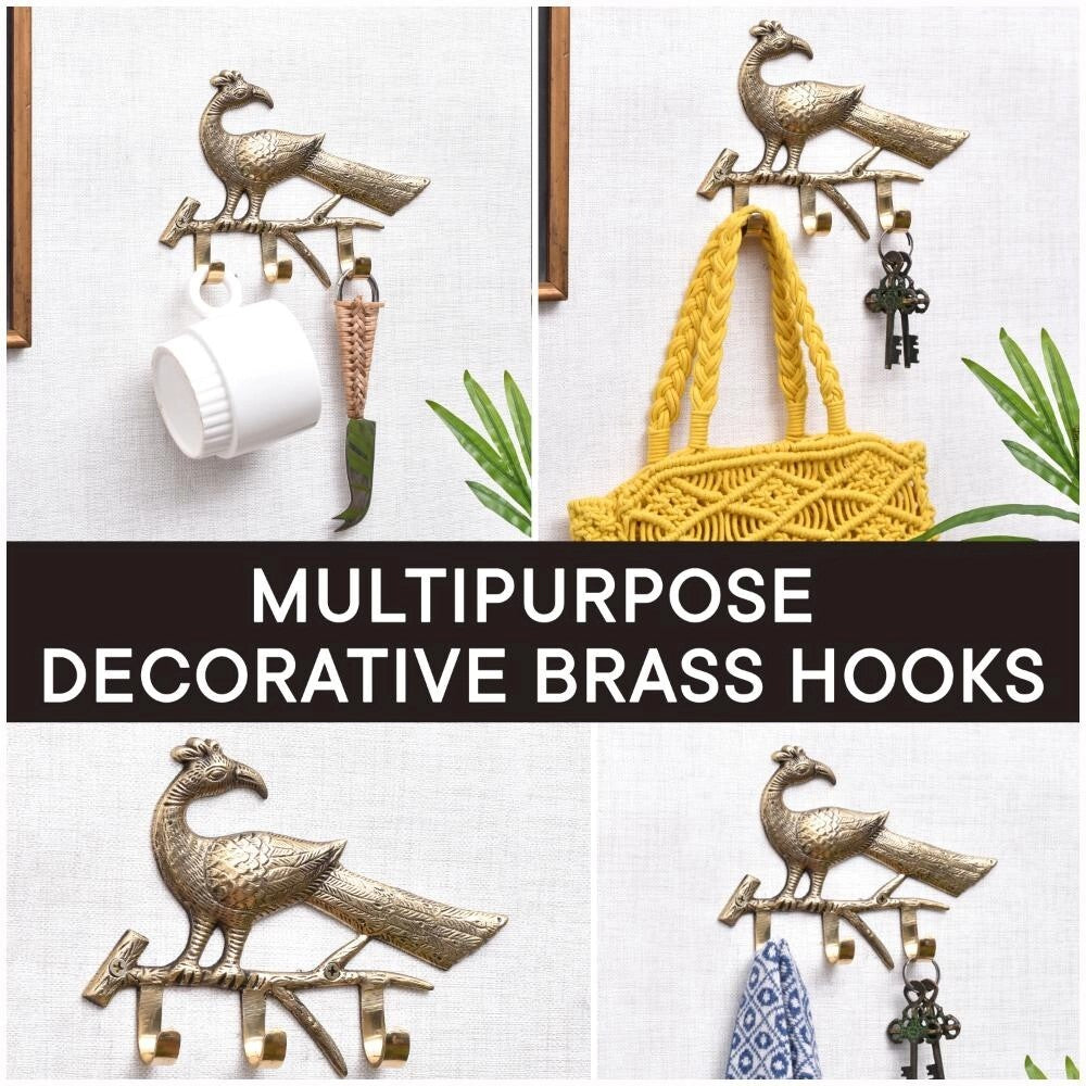 Antique Peacock On A Branch Brass Wall Hook Hanger Clothes Coat Hat Key Holder