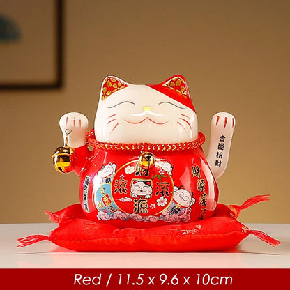 4.5 Inch Ceramic Beckoning Lucky Cat Battery Powered Fortune Cat Waving Arm