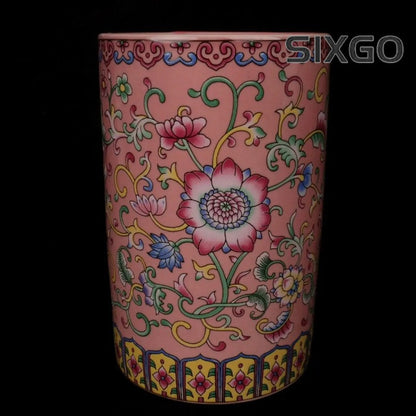 4.8" Chinese Famille Porcelain Colour Enamels Lotus Flower Brush Pot Pen Holder