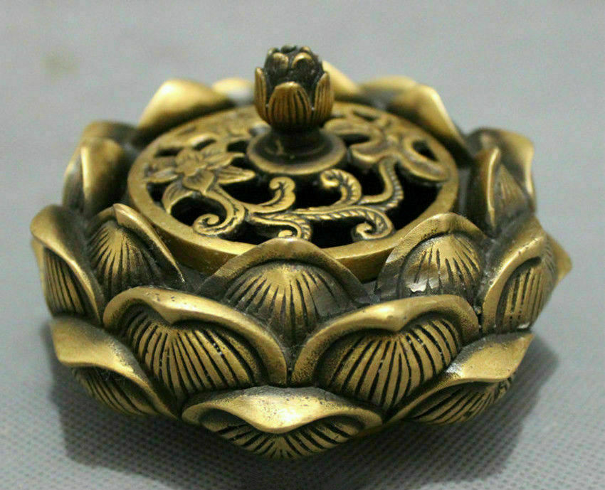 Folk Brass Buddhist Auspicious Statue Flower Incense Burner Censer