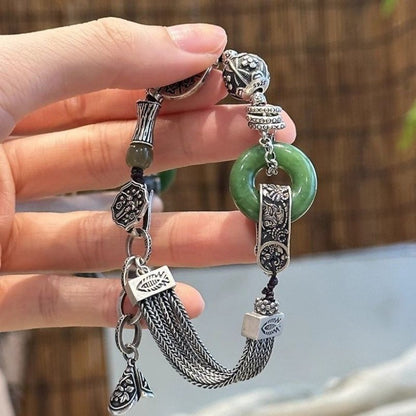 Vintage Chinese Jade Bracelet Retro Silver Tassel Beaded Bracelet for Women
