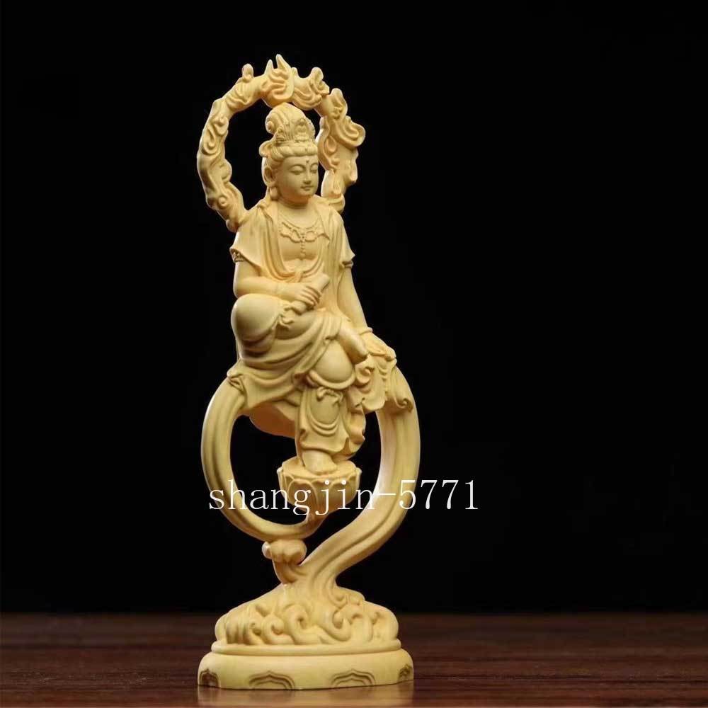 6.7" Guan Yin Altar Shrine Deco Boxwood Wood Carved Avalokitesvara Buddha Statue