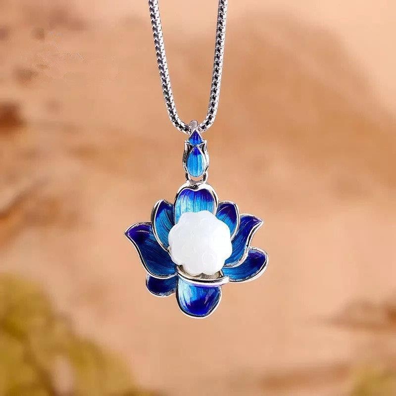 Cloisonne Hetian Jade Lotus Pendant Vintage Necklace Women Gift