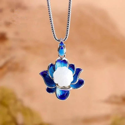 Cloisonne Hetian Jade Lotus Pendant Vintage Necklace Women Gift