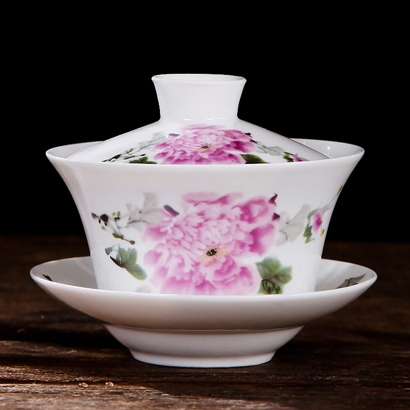 Chinese Tea Cup Gaiwan Tureen Porcelain Handpainted Flower Ceramic Tea Bowl Lid