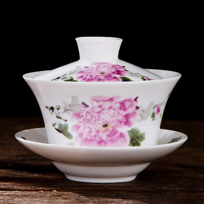 Chinese Tea Cup Gaiwan Tureen Porcelain Handpainted Flower Ceramic Tea Bowl Lid