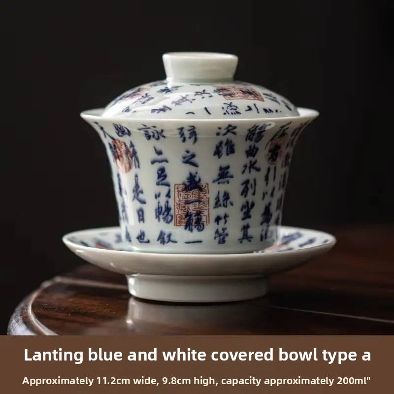 200ml Ceramic Blue and White Gaiwan Handwritten Poetry Prose Tea Tureen Teaware
