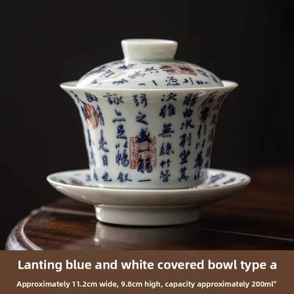 200ml Ceramic Blue and White Gaiwan Handwritten Poetry Prose Tea Tureen Teaware
