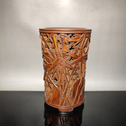 chinese bamboo carving antique carved brush pot pen case wood statue bamboo leaf