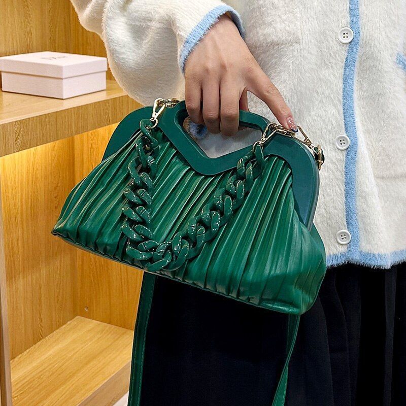 Handbag Thick Chain Handle Pleated Shoulder Bag Women Clutch Purses Crossbody