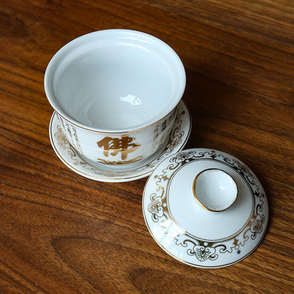 Ceramic Water Supply Cup Tea Bowl Cup Buddhist Heart Sutra Gaiwan Teacup