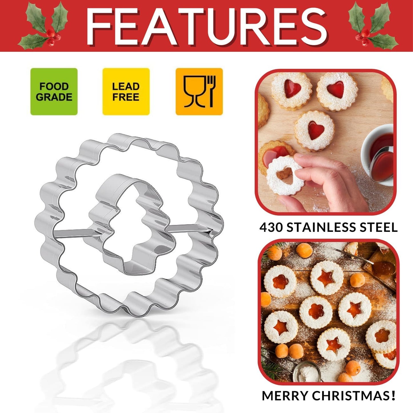9 Pcs Mini Linzer Cookie Cutters Set, Stainless Steel - Christmas Tree, Gingerbr