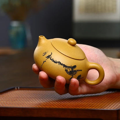 Handmade Yixing Kettle Raw Ore Duan Mud Teapot Birds Pattern Golden Tea Pot