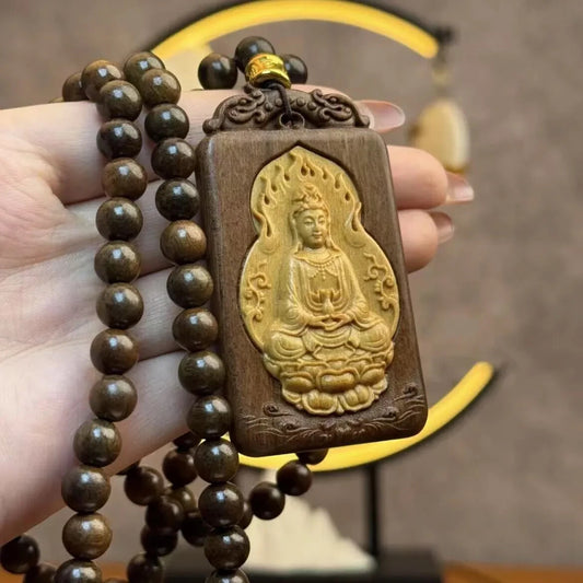 8mm*108 Prayer Beads Natural Wood Guanyin Buddha Lucky Pendant Blessing Necklace