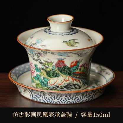 Famille Rose Bird Flower Gaiwan 7.5cm 150ml Antique Crackle Glaze Tea Bowl
