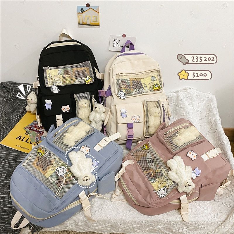Buckle Badge Backpack Candy Color Fashion Cute Schoolbag Shoulder Bag 32*43*13CM