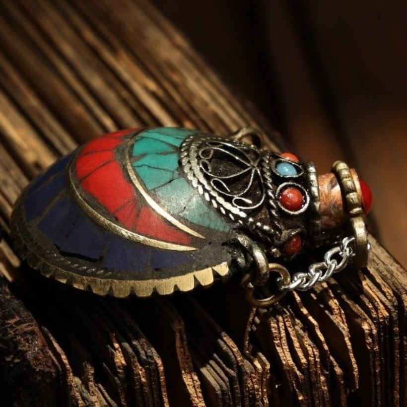 Tibetan Copper Snuff Bottle Pendant Inlaid Gem Handmade Tibetan Art Jewelry