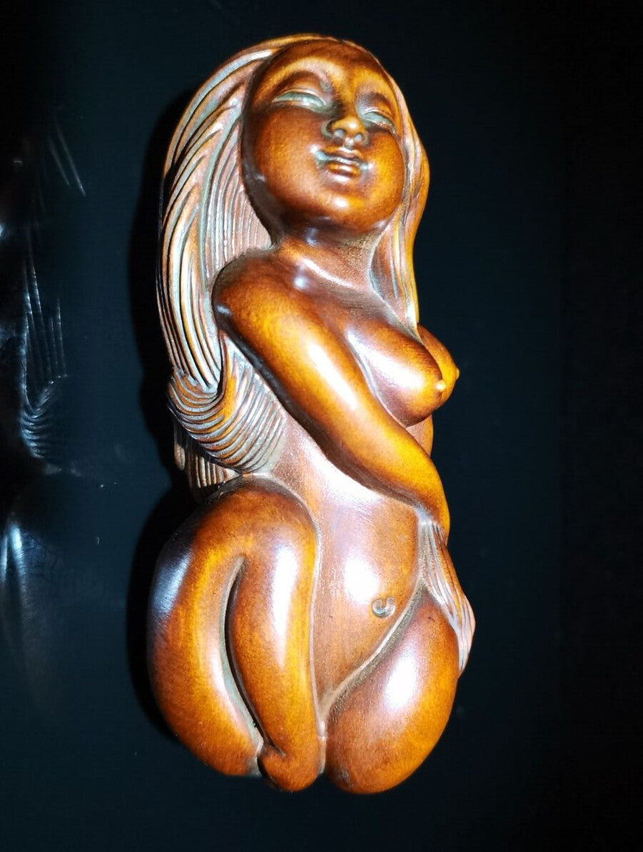 Rare old Boxwood Mermaid girl Wood Hand Carved Statue netsuke hand piece tea pet