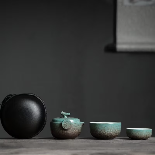 Green Ceramic Teapot with 2 Cups Travel Tea Set with Bag