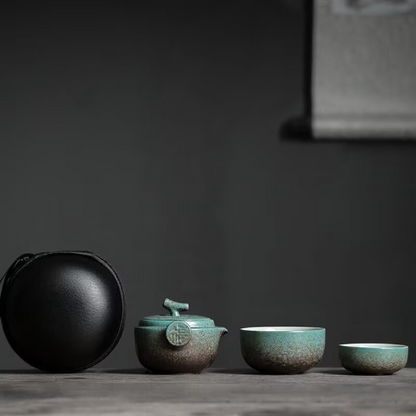 Green Ceramic Teapot with 2 Cups Travel Tea Set with Bag