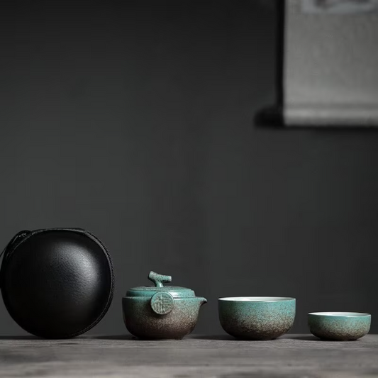 Green Ceramic Teapot with 2 Cups Travel Tea Set with Bag