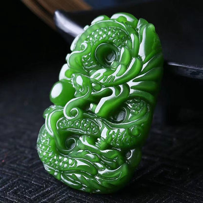100% Natural green Chinese Hetian Jade 100% Hand-carved dragon Pendant.