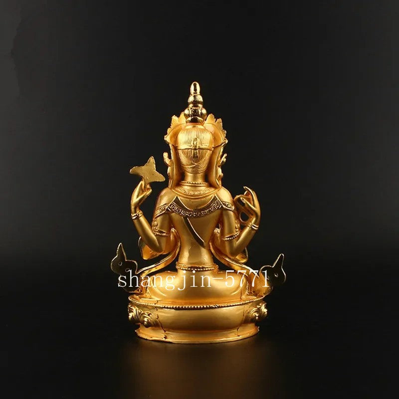 14cm Alloy Four-Arms Avalokitesvara Bodhisattva Tibetan Buddha Statue Amulet