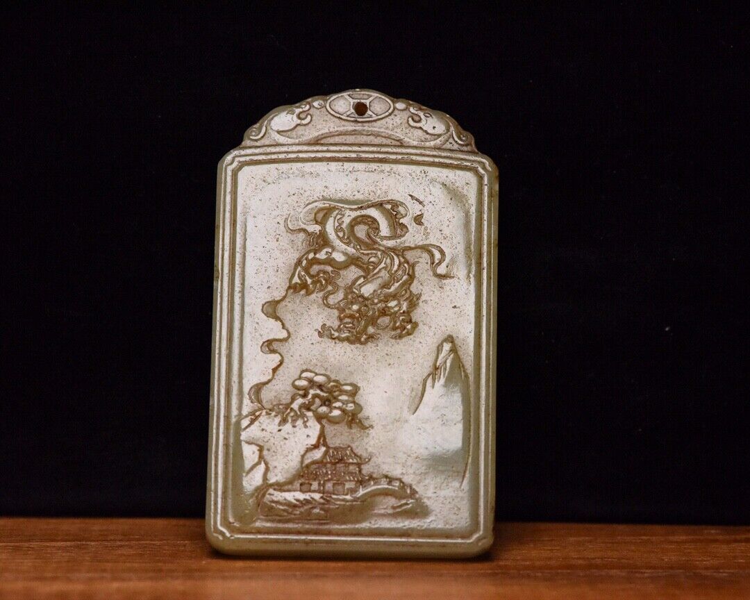 Chinese Natural Hetian Jade Carving Dragon Statue Landscape Jade Pendant Jewelry