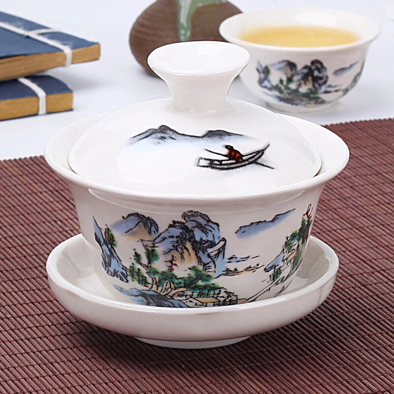 Chinese Traditional Gai Wan Tea Set Tea Sets Dehua Gaiwan Tea Porcelain Pot Set